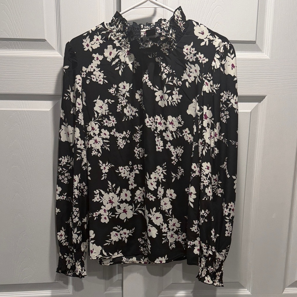 Sanctuary Black Floral Ruffle-Neck Long Sleeve Blouse